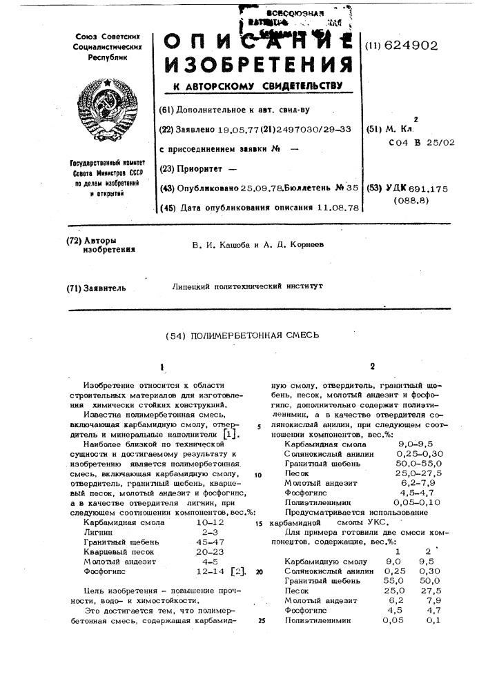 Полимербетонная смесь (патент 624902)