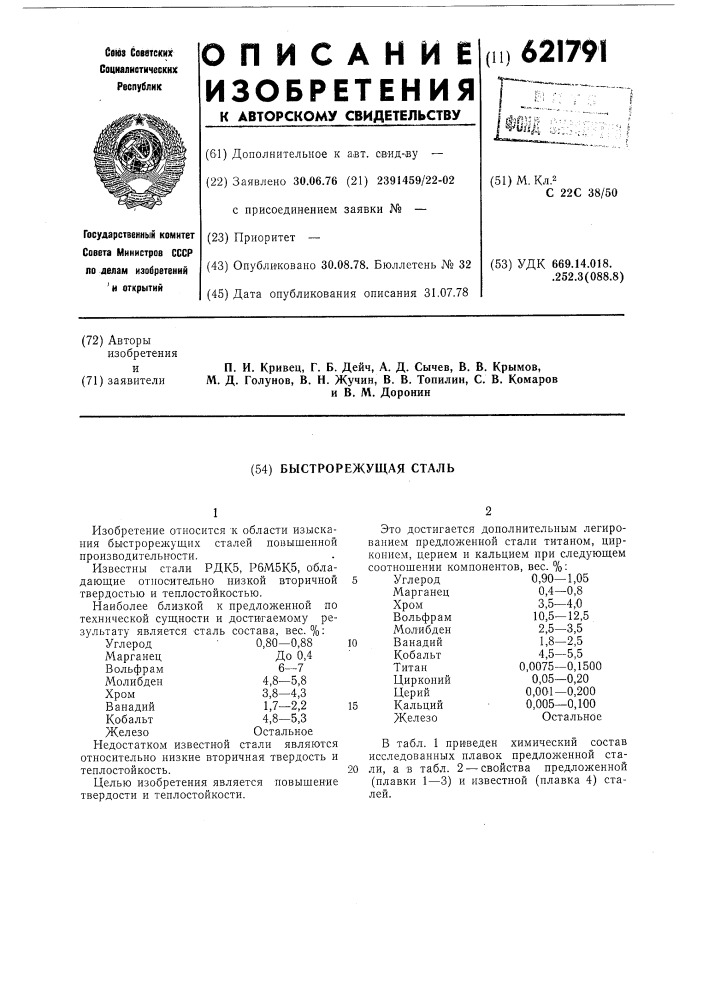 Быстрорежущая сталь (патент 621791)