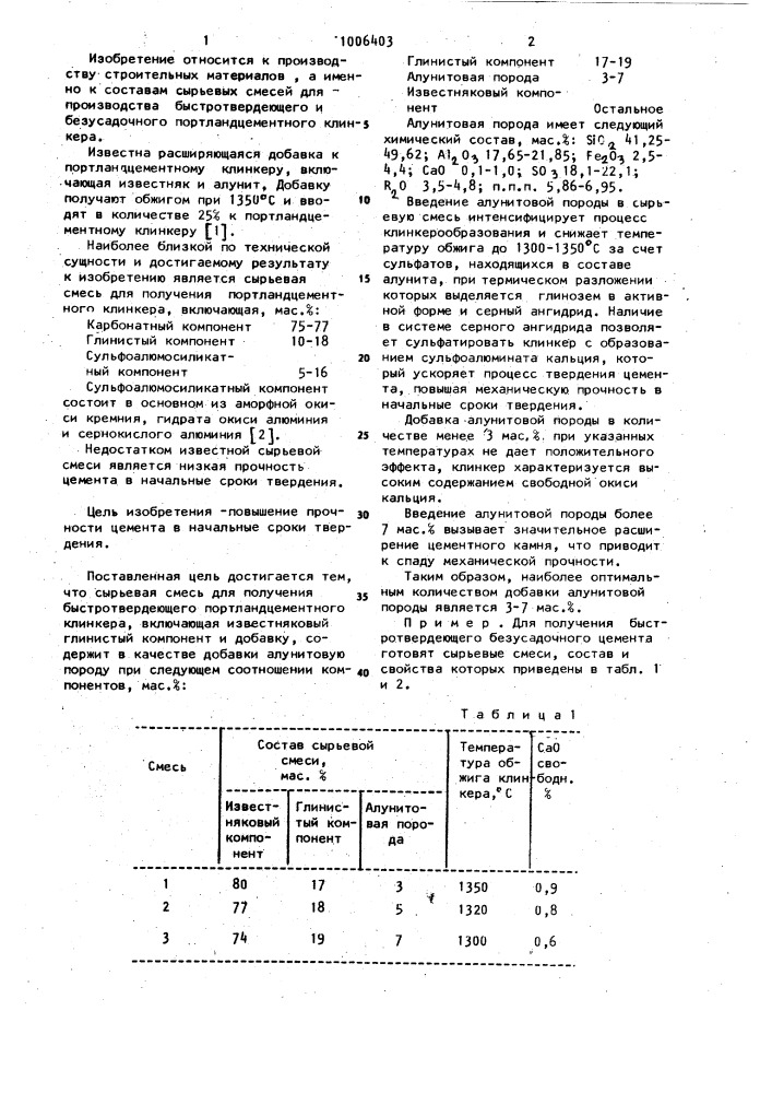 Сырьевая смесь для получения быстротвердеющего портландцементного клинкера (патент 1006403)