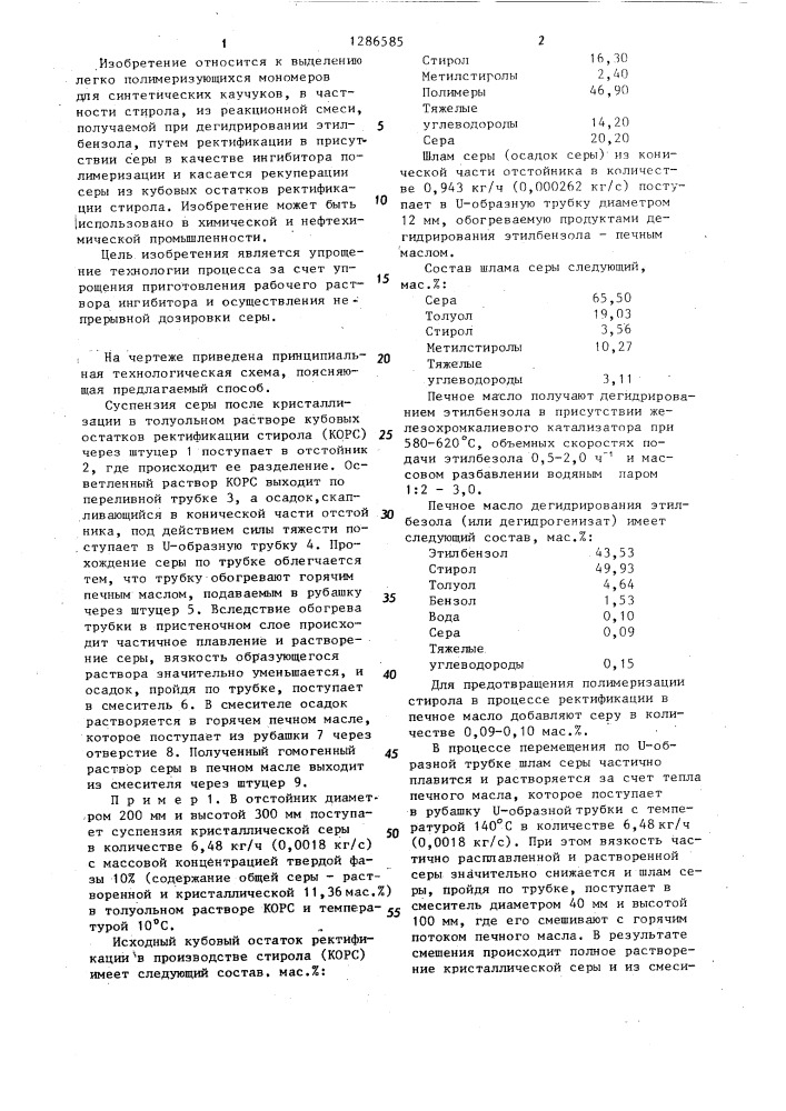 Способ рекуперации серы из кубовых остатков ректификации стирола (патент 1286585)