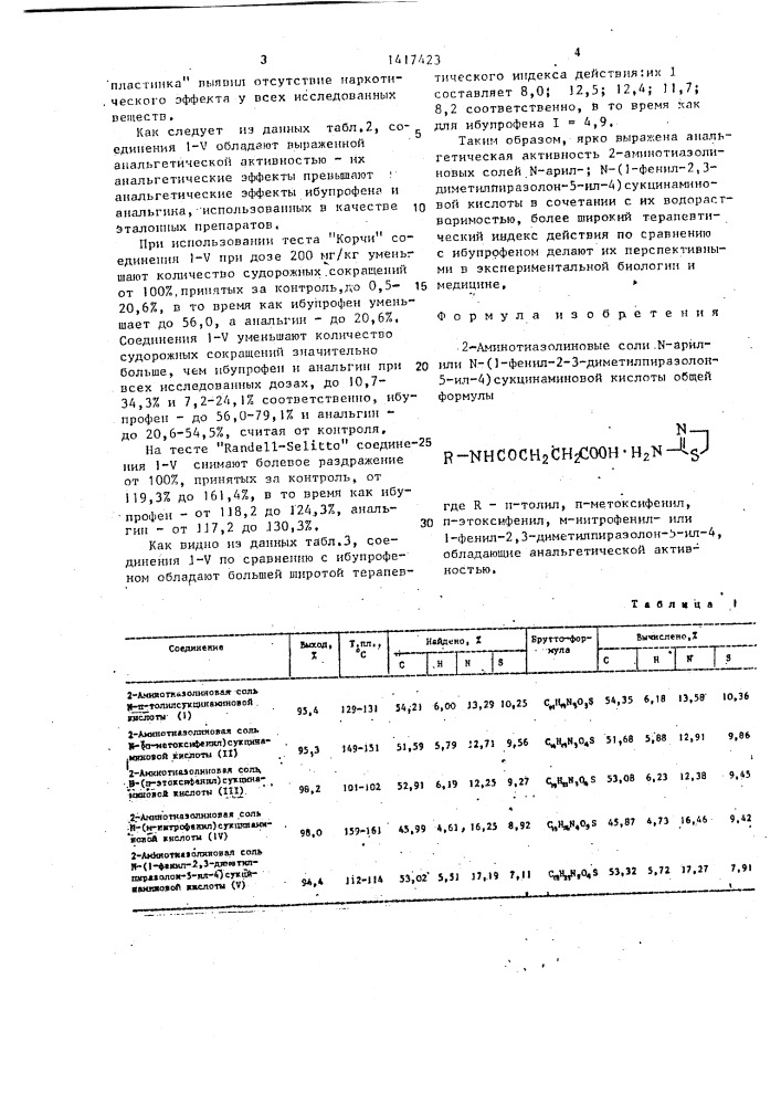 2-аминотиазолиновые соли n-арилили n-(1-фенил-2,3- диметилпиразолон-5-ил-4)сукцинаминовой кислоты, обладающие анальгетической активностью (патент 1417423)