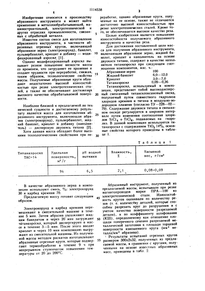 Масса для изготовления абразивного инструмента (патент 1114538)