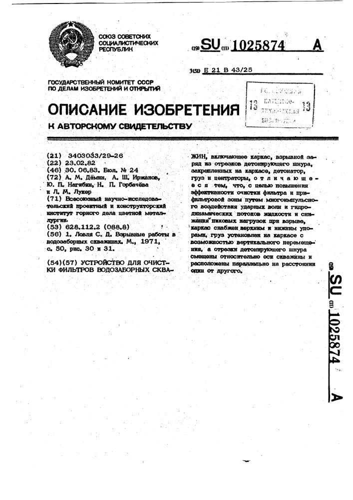 Устройство для очистки фильтров водозаборных скважин (патент 1025874)