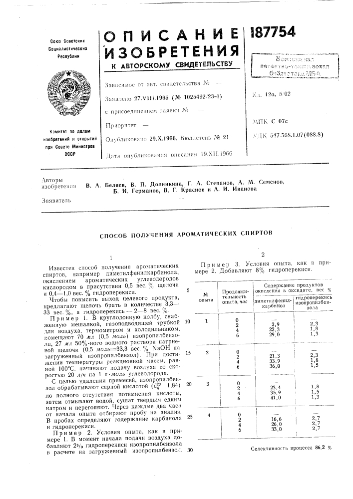 Способ получения ароматических спиртов (патент 187754)