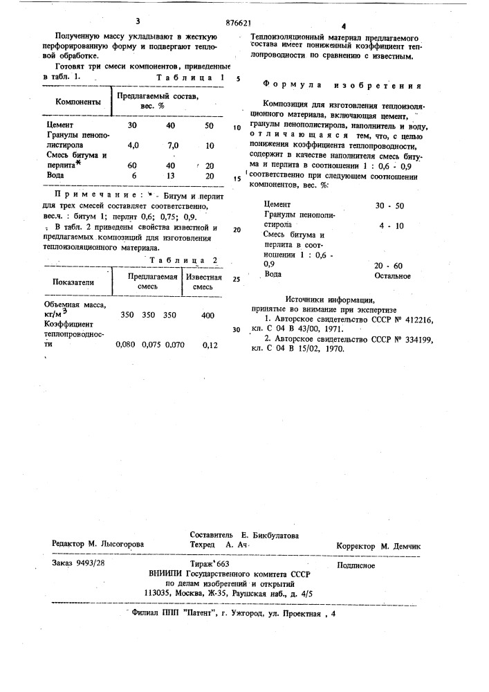 Композиция для изготовления теплоизоляционного материала (патент 876621)