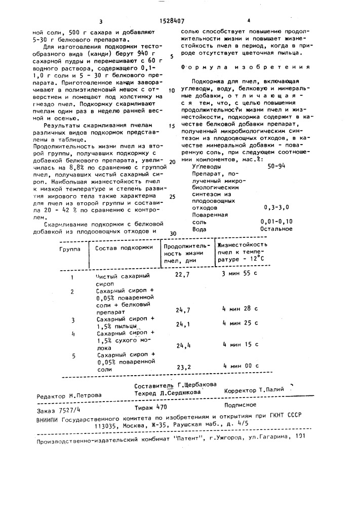 Подкормка для пчел (патент 1528407)