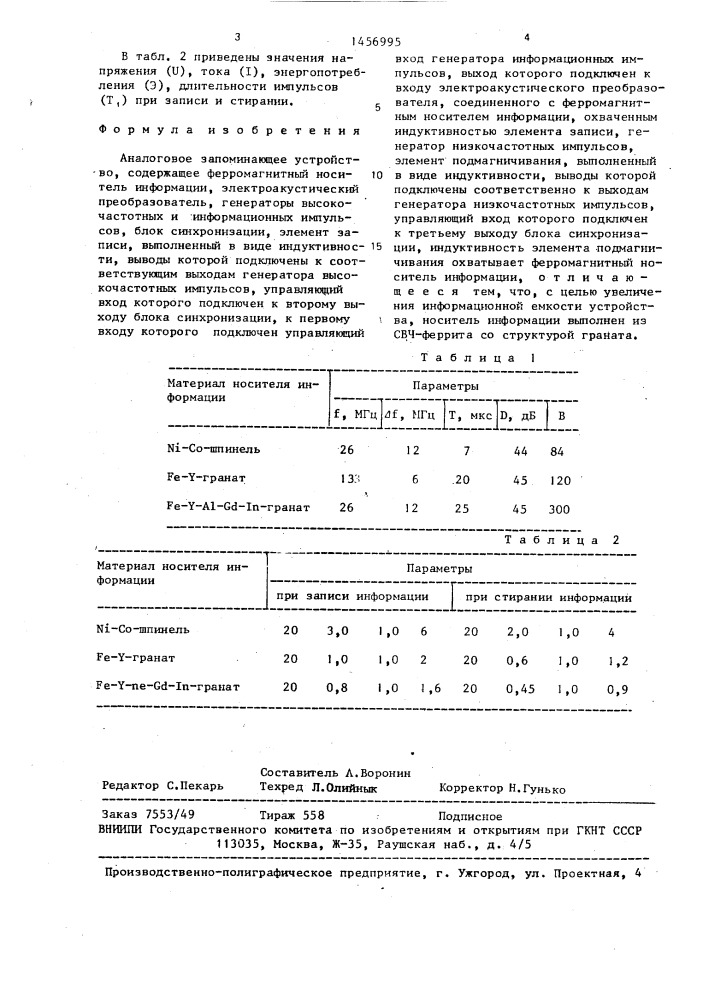 Аналоговое запоминающее устройство (патент 1456995)