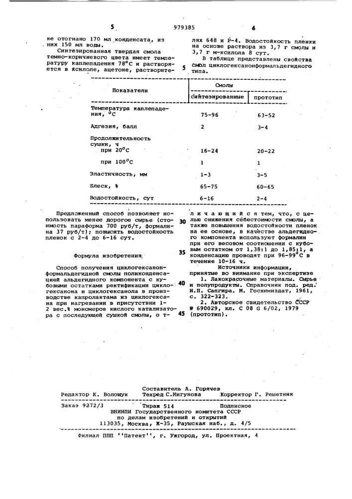 Способ получения циклогексанон-формальдегидной смолы (патент 979385)