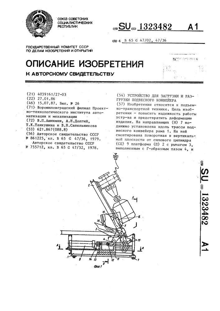 Устройство для загрузки и разгрузки подвесного конвейера (патент 1323482)