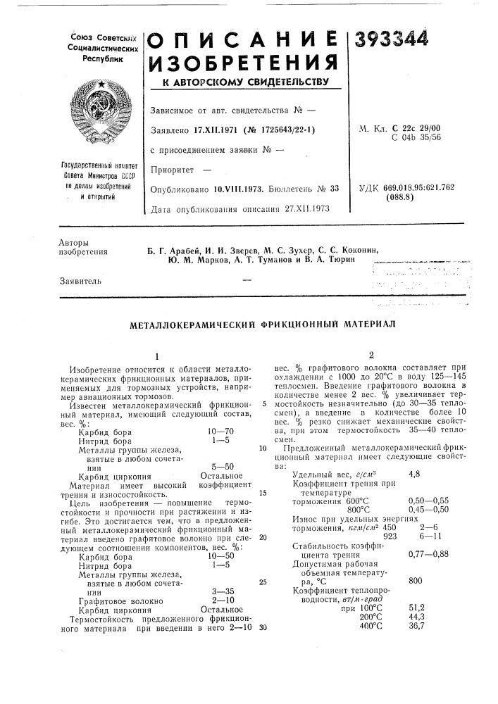 Металлокерамический фрикционный материал (патент 393344)