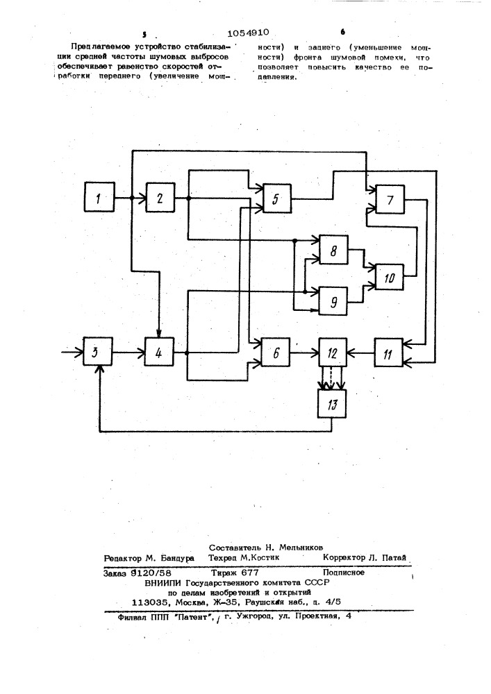 Устройство стабилизации средней частоты шумовых выбросов (патент 1054910)