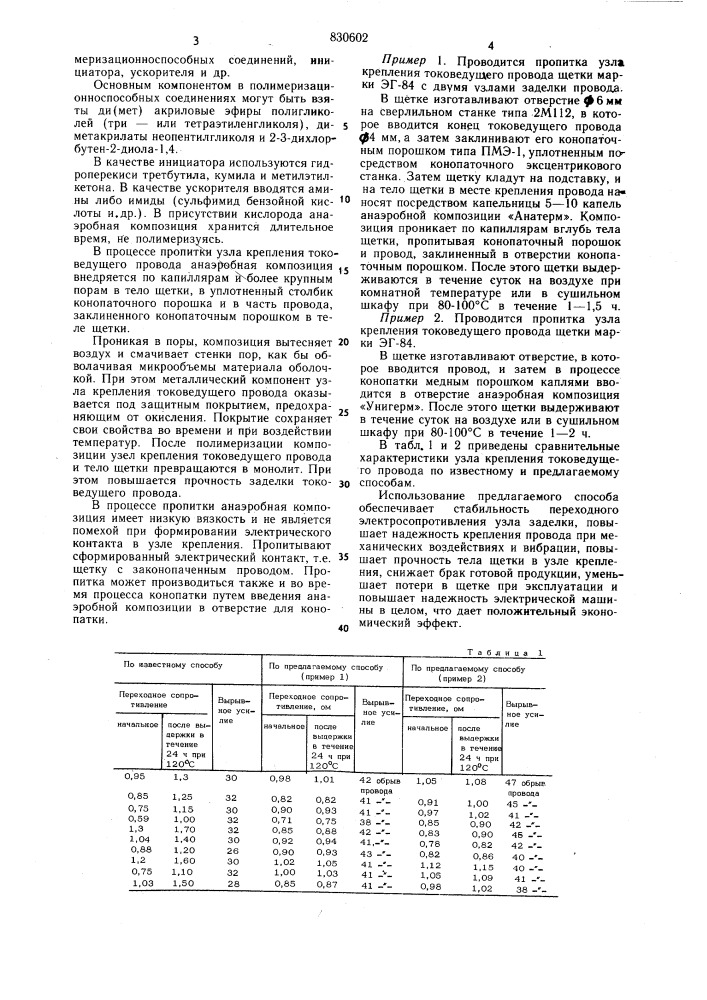 Способ заделки токоведущегопровода b тело щетки (патент 830602)