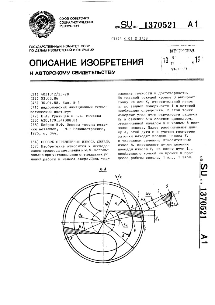 Способ определения износа сверла (патент 1370521)