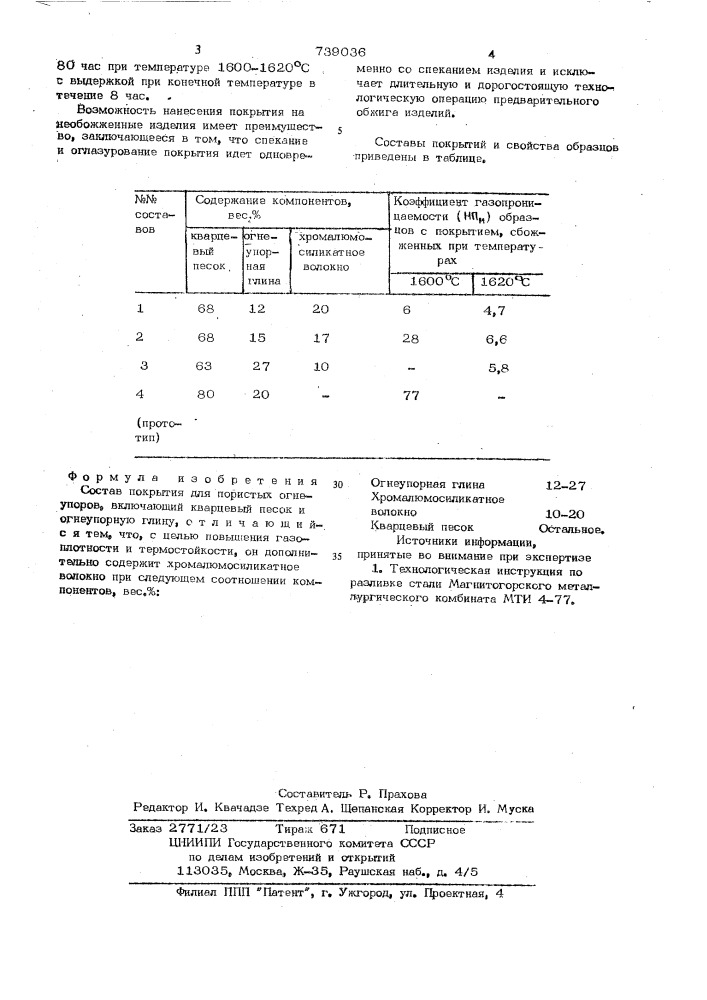 Состав покрытия для пористых огнеупоров (патент 739036)