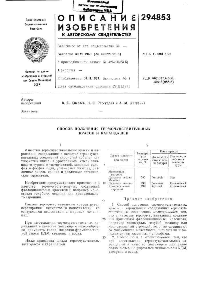 Способ получения термочувствительных красок и карандашей (патент 294853)