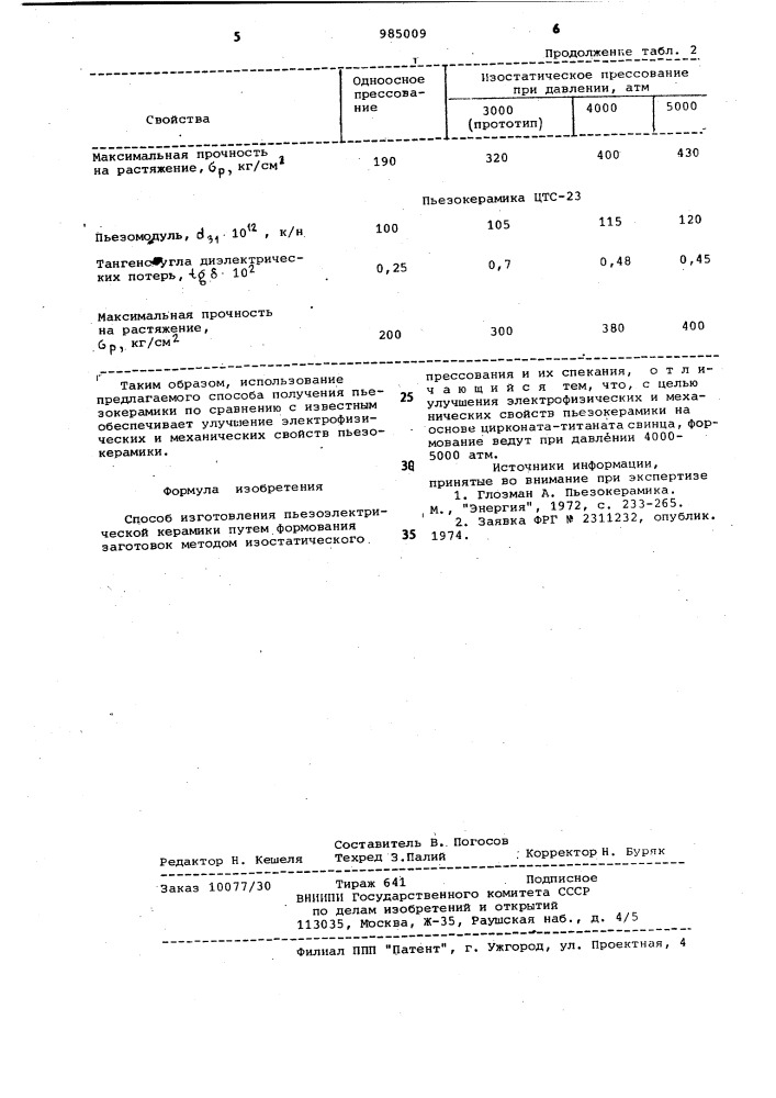 Способ изготовления пьезоэлектрической керамики (патент 985009)