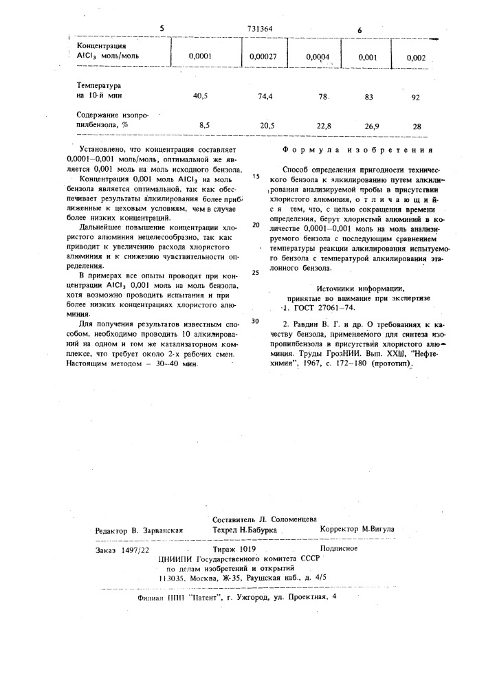 Способ определения пригодности технического бензола к алкилированию (патент 731364)