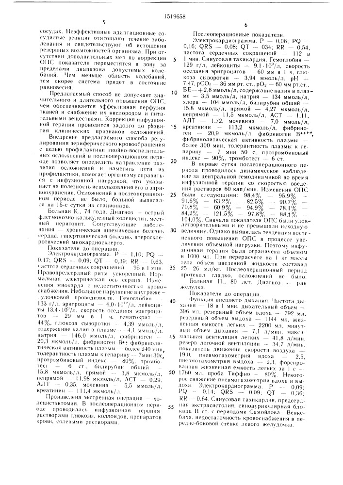 Способ регулирования периферического кровообращения у больных в послеоперационном периоде (патент 1519658)