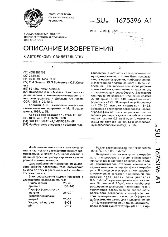 Электролит кадмирования (патент 1675396)