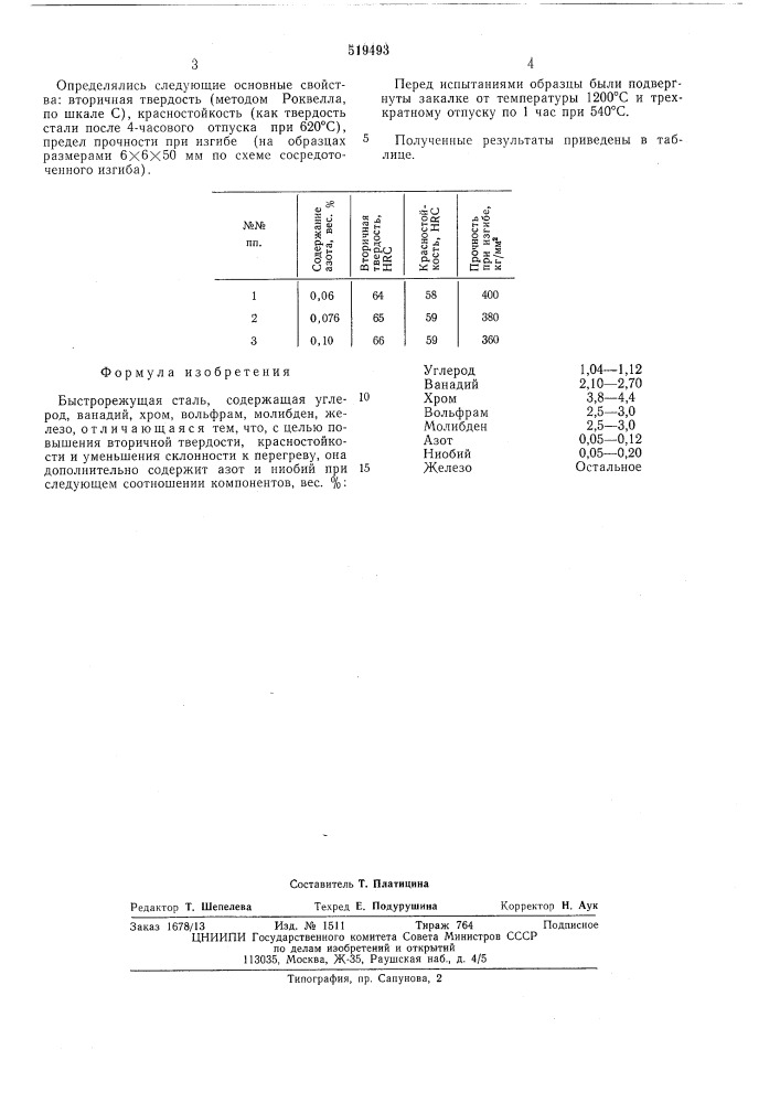 Быстрорежущая сталь (патент 519493)