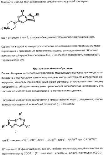 Производные имидазо(или триазоло)пиримидина, способ их получения и лекарственное средство, ингибирующее активность тирозинкиназы syk (патент 2306313)