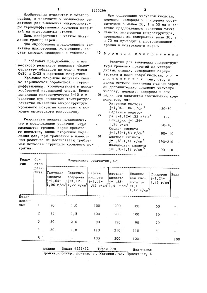 Реактив для выявления микроструктуры хромовых покрытий на углеродистых сталях (патент 1275266)