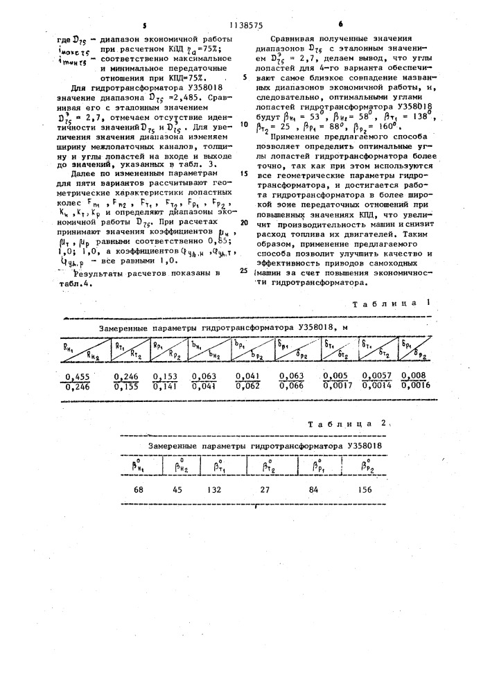 Способ экспериментального определения оптимальных углов лопастей колес гидротрансформатора (патент 1138575)