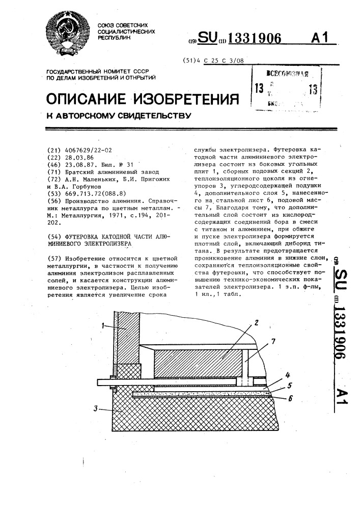 Футеровка катодной части алюминиевого электролизера (патент 1331906)