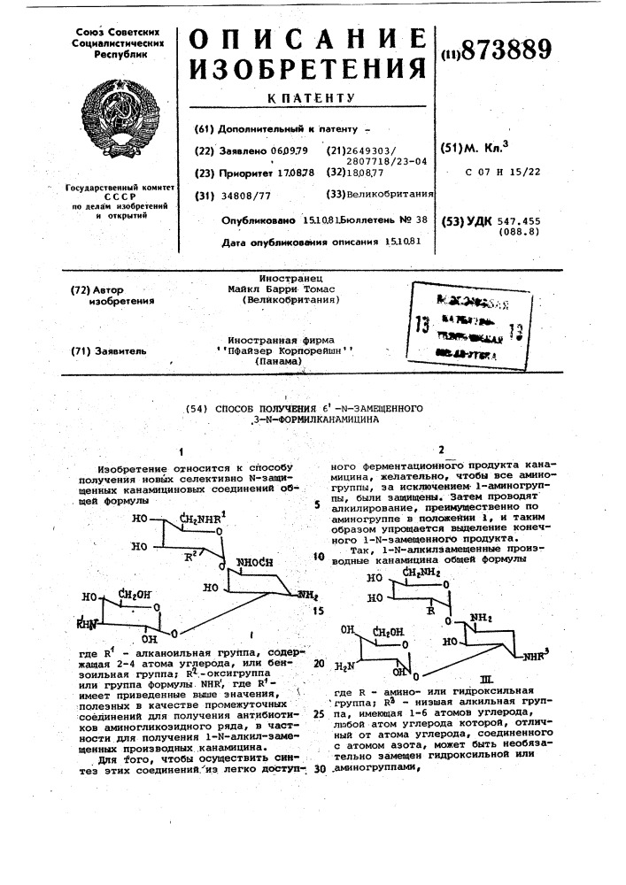 Способ получения 6-n-замещенного 3-n-формилканамицина (патент 873889)