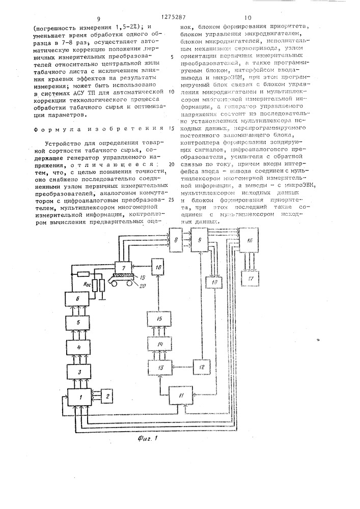 Устройство для определения товарной сортности табачного сырья (патент 1275287)