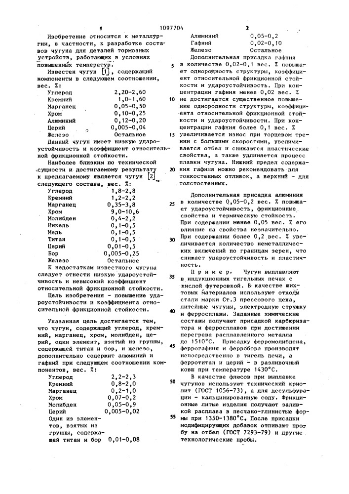 Чугун (патент 1097704)