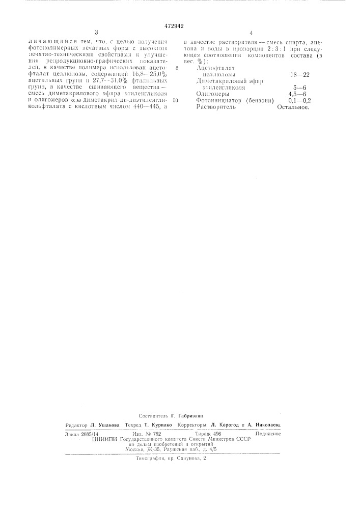 Фотополимеризующийся состав для печатных форм (патент 472942)