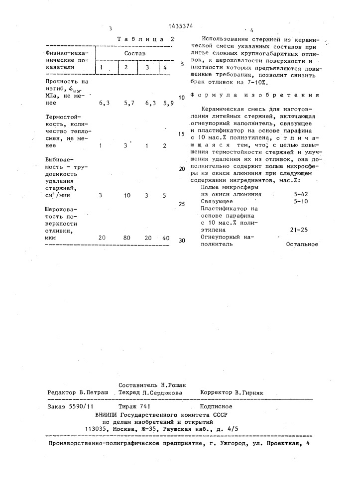 Керамическая смесь для изготовления литейных стержней (патент 1435374)