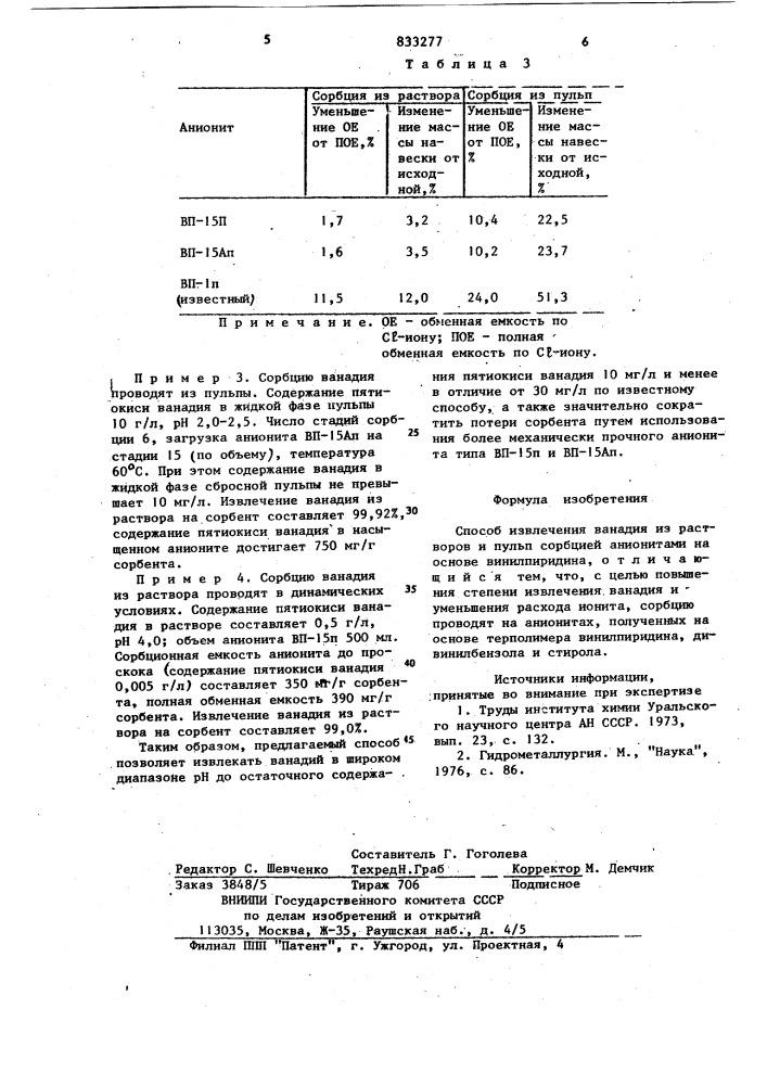 Способ извлечения ванадия израстворов и пульп сорбцией (патент 833277)