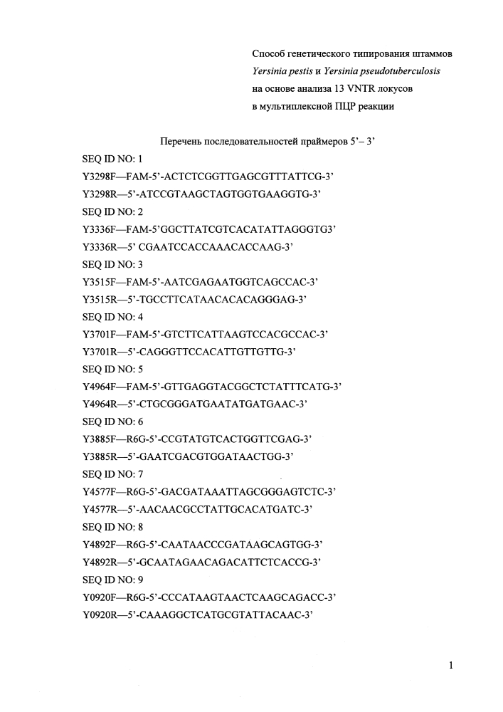 Способ генетического типирования штаммов yersinia pestis и yersinia pseudotuberculosis на основе анализа 13 vntr локусов в мультиплексной пцр реакции (патент 2644236)