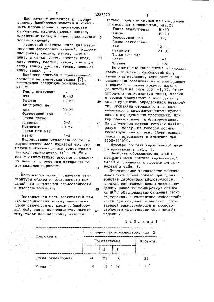 Керамическая масса (патент 1057470)