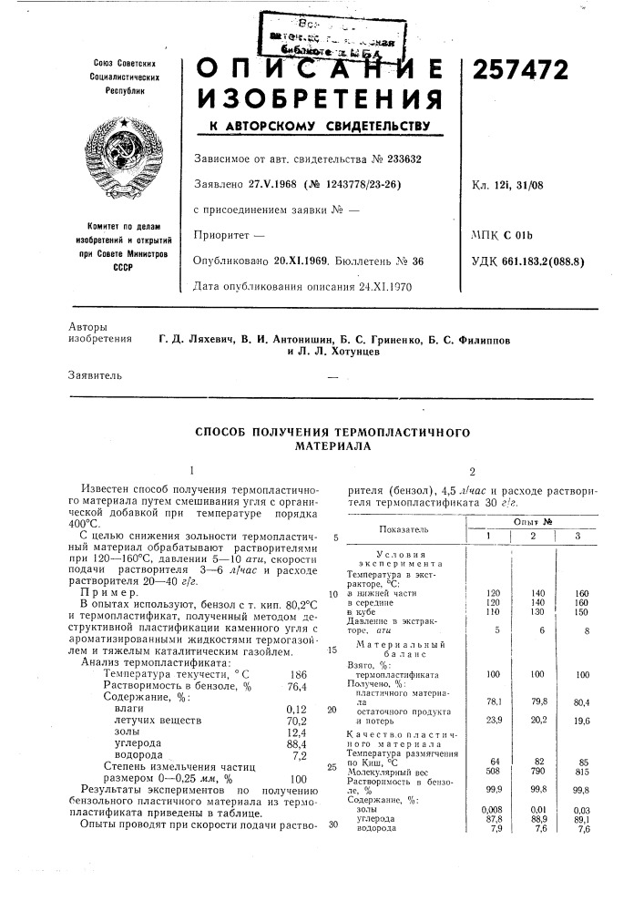 Способ получения термопластичного материала (патент 257472)