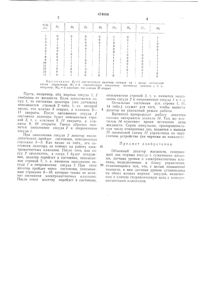 Объемный дозатор жидкости (патент 474689)