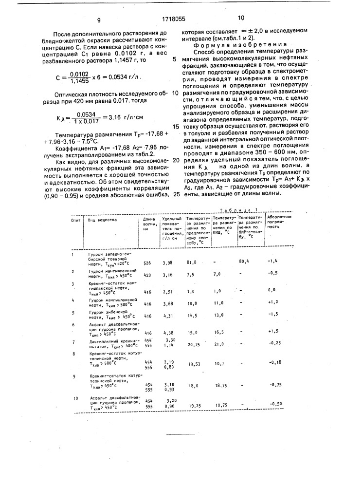 Способ определения температуры размягчения высокомолекулярных нефтяных фракций (патент 1718055)