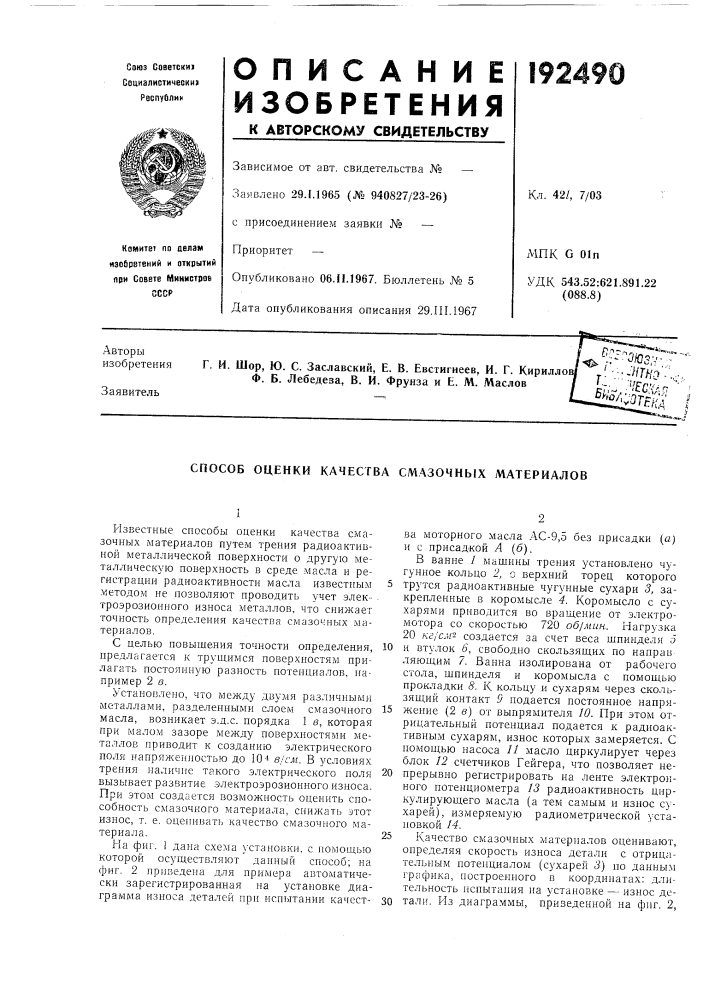 Способ оценки качества смазочных материалов (патент 192490)