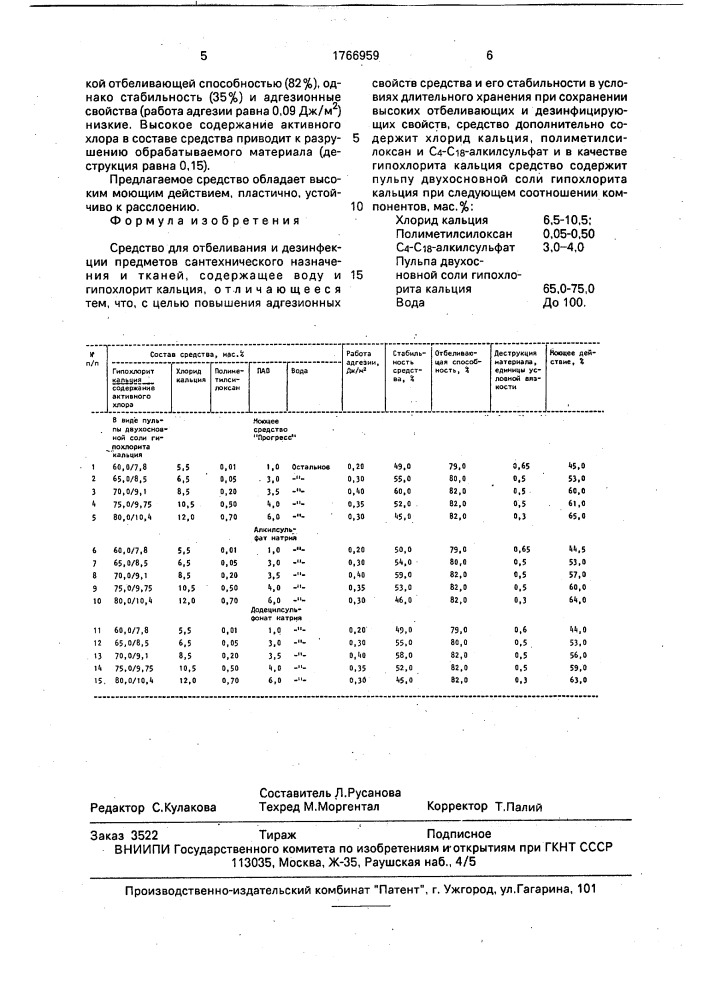 Средство для отбеливания и дезинфекции предметов сантехнического назначения и тканей (патент 1766959)