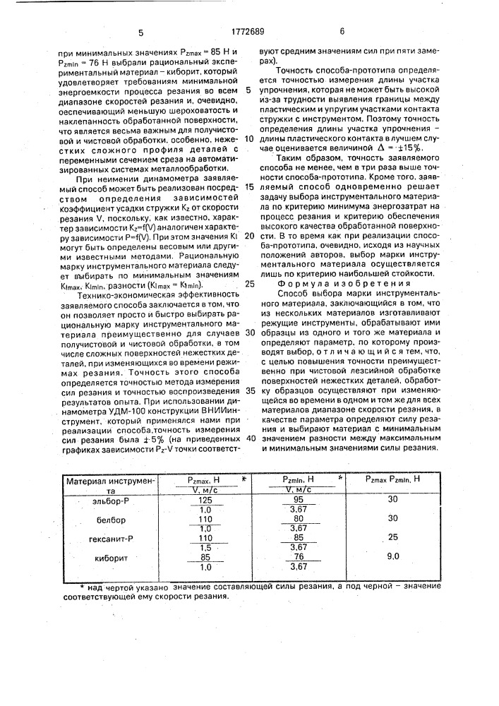 Способ выбора марки инструментального материала (патент 1772689)