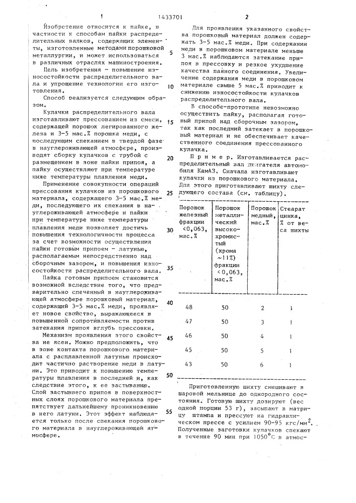 Способ изготовления сборно-паяного распределительного вала (патент 1433701)