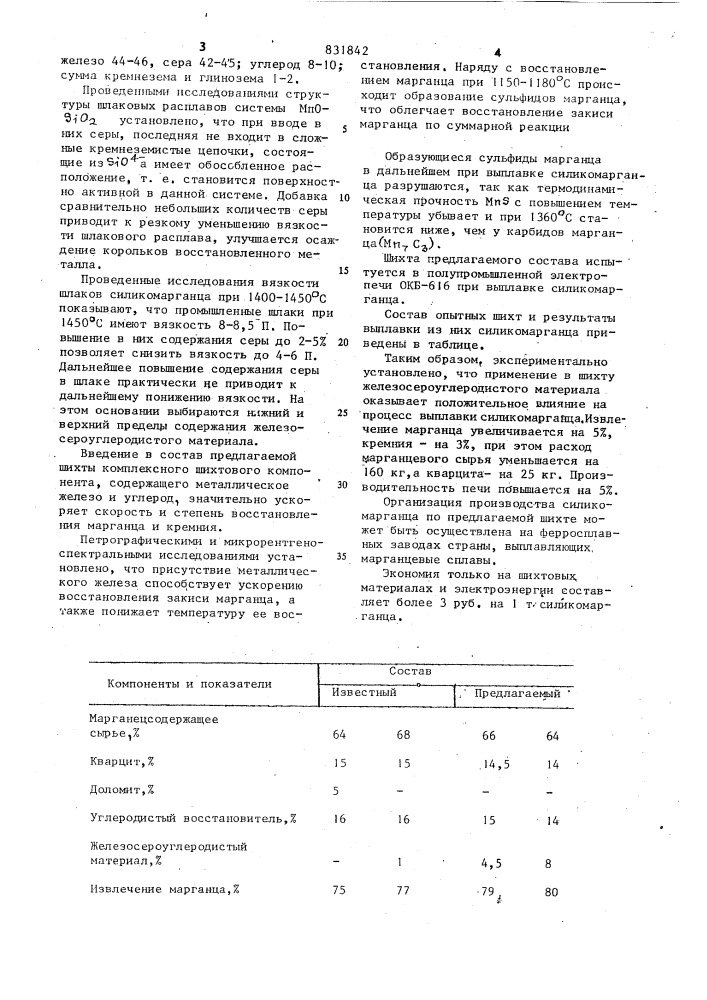 Шихта для выплавки силикомарганца (патент 831842)