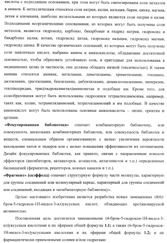 Замещенные [4(6)-бром-5-гидрокси-1н-индол-3-ил]уксусные кислоты и их эфиры, фокусированная библиотека, противовирусный препарат и фармацевтическая композиция (патент 2393149)