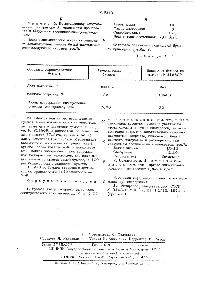 Бумага для регистрации импульсов электрического тока (патент 536273)