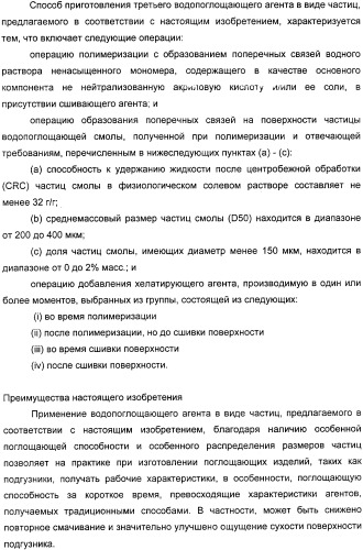 Водопоглощающий агент в виде частиц, содержащий в качестве основного компонента водопоглощающую смолу (варианты), поглощающее изделие на его основе и варианты способа получения водопоглощающего агента (патент 2338763)