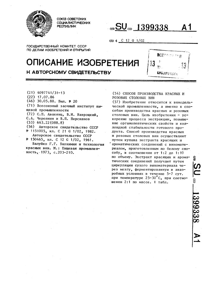 Способ производства красных и розовых столовых вин (патент 1399338)