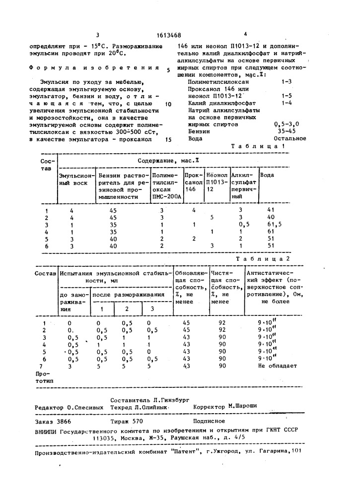 Эмульсия по уходу за мебелью (патент 1613468)