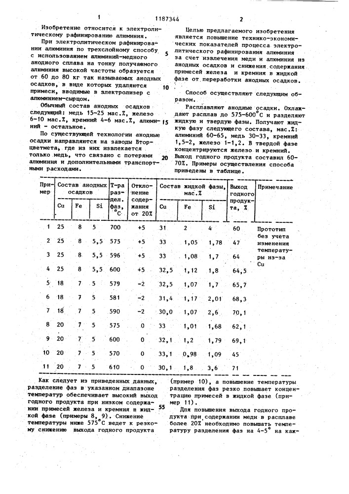 Способ переработки анодных осадков электролитического рафинирования алюминия (патент 1187344)